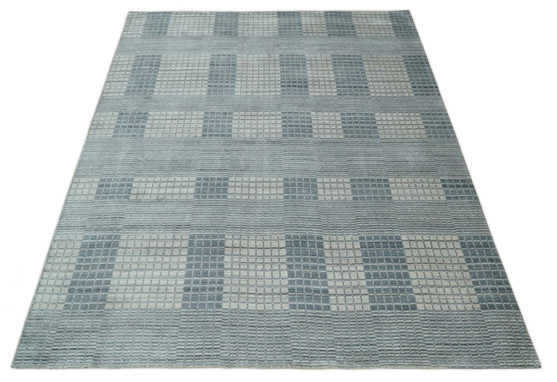 Modern Geometrical Checkered striped Hand Made 8x10 Teal and Beige Scandinavian Blended Wool Flatwoven Area Rug | KE14
