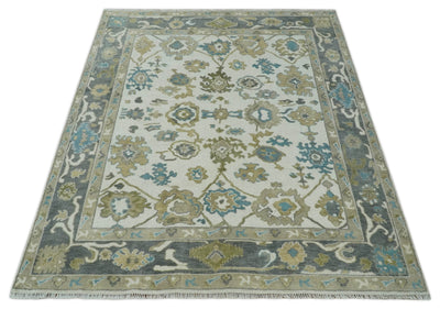 8x10 Traditional Ivory and Charcoal Hand knotted Oushak Wool Area Rug