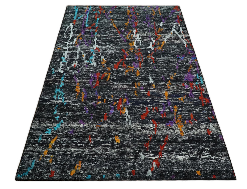 5x8 Hand Knotted Black, Ivory and Rust Modern Abstract Contemporary Recycled Silk Area Rug | OP132