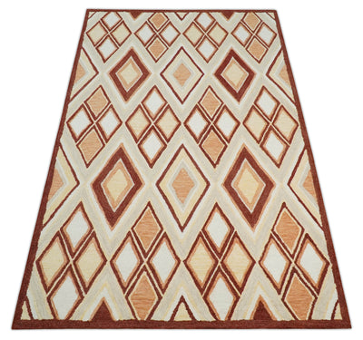 Camel, Peach and Rust Geometrical Shape Antique Style Wool Area Rug