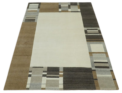 Hand Knotted 6x8 Ivory, Brown and charcoal Stripes Wool Traditional Antique Southwestern Lori Gabbeh | TRDPC1