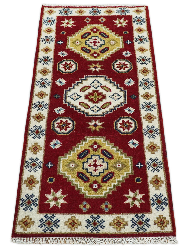 Runner 2x4 Red and Ivory Wool Hand Knotted traditional Persian Vintage Southwestern Kazak | TRDCP29824