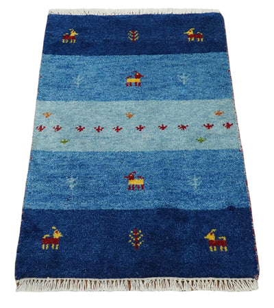 Small 2x3 Blue Wool Hand Knotted traditional Vintage Antique Southwestern Gabbeh | TRDCP34923