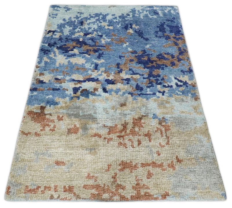 Modern Abstract 2x3 Multi Color Blue, beige Bamboo Silk Hand Knotted Area Rug | N2723