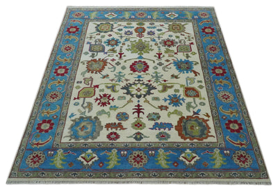 Fine Traditional Ivory and Blue Colorful Hand knotted Oushak Wool Area Rug