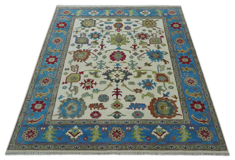 Fine Traditional Ivory and Blue Colorful Hand knotted Oushak Wool Area Rug