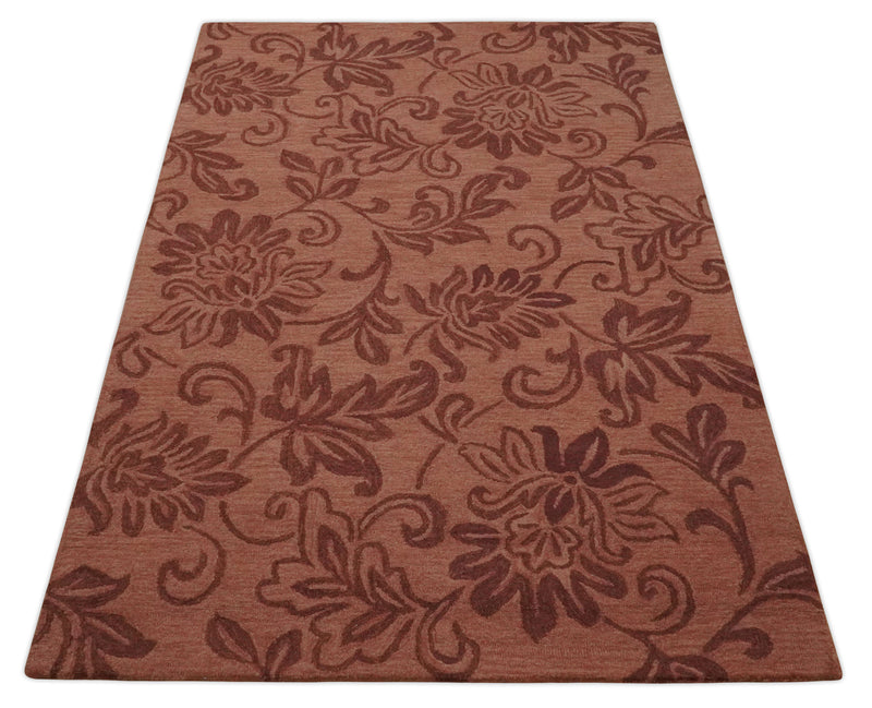 Multi Size Rust Hand Tufted Floral Pattern Farmhouse Wool Area Rug
