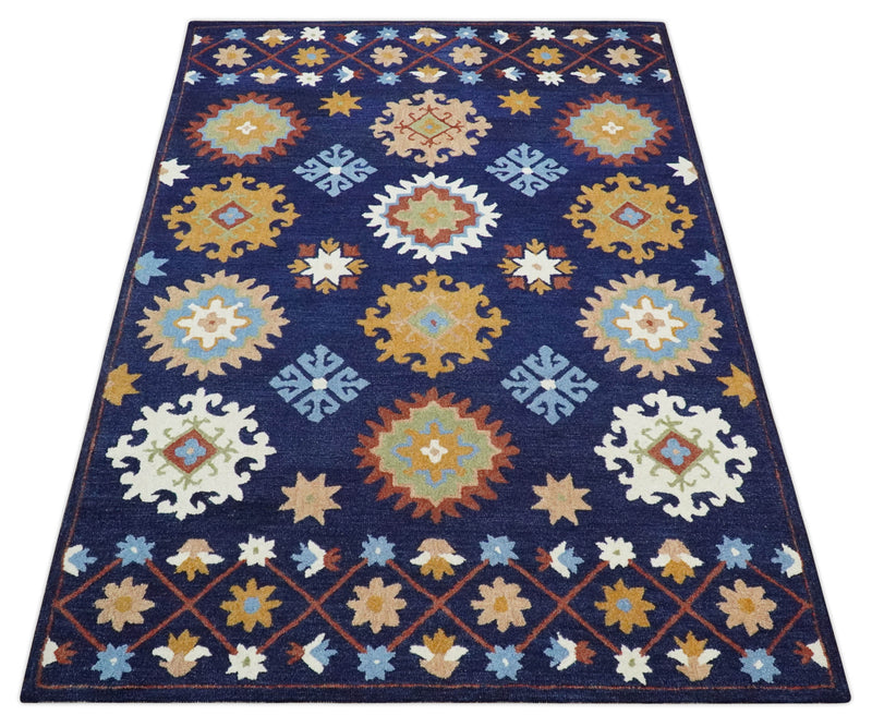 Multi Size Hand Tufted Dark Blue, Gold, Ivory and Peach Traditional colorful Wool Rug