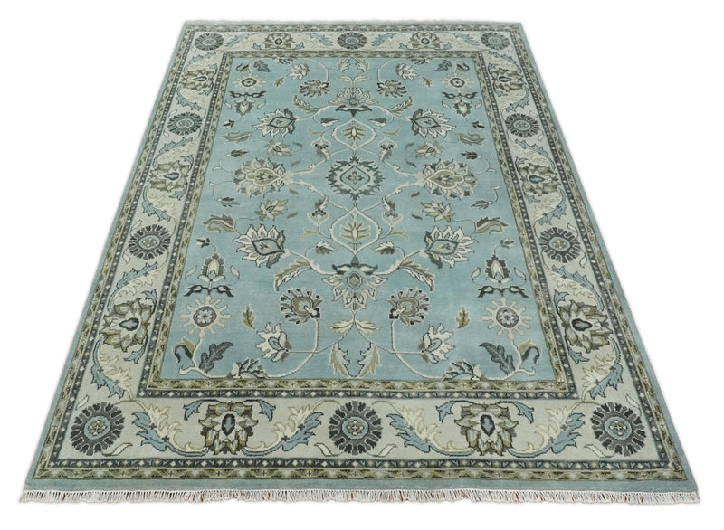 8x10 and 9x12 Antique Hand Knotted Blue and Ivory Traditional Vintage Persian Oushak Wool Rug | TRDCP998912