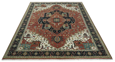 8x10 and 9x12 Wool Hand Knotted Heriz Serapi Black, Rust and Ivory Floral Area Rug | TRDCP1063