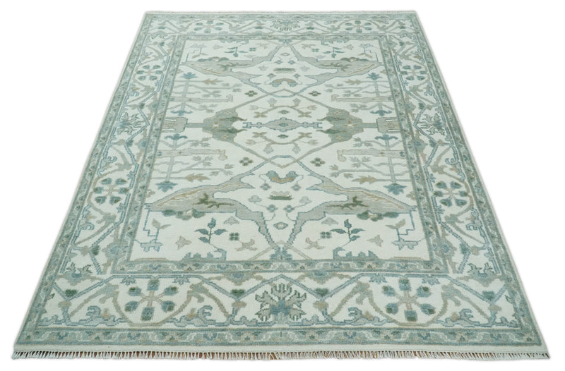 Custom Made Hand Knotted Oriental Oushak Ivory and Blue Wool Area Rug