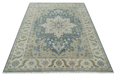 Hand Knotted 9x12 Ivory, Gray, Beige and Olive  Traditional Vintage Heriz Serapi Wool Rug | TRDCP1041912