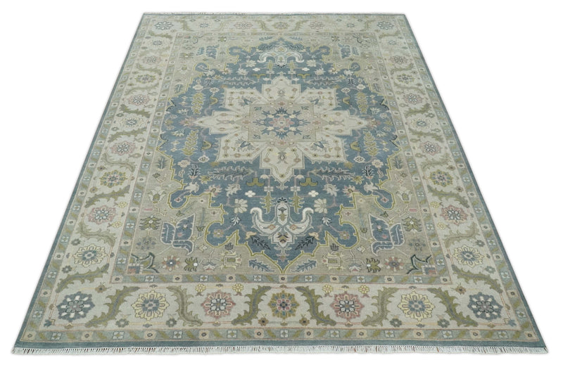 Hand Knotted 9x12 Ivory, Gray, Beige and Olive  Traditional Vintage Heriz Serapi Wool Rug | TRDCP1041912