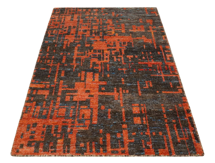 Hand Knotted 4x6 Rust and Charcoal Modern Abstract Contemporary Recycled Silk Area Rug | OP62