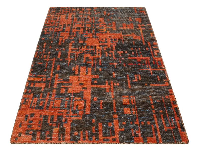 Hand Knotted 4x6 Orange and Charcoal Modern Abstract Contemporary Recycled Silk Area Rug | OP62