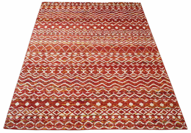 4x6 and 8x10 Hand Knotted Rust, Gold and White Modern Contemporary Southwestern Tribal Trellis Recycled Silk Area Rug | OP5