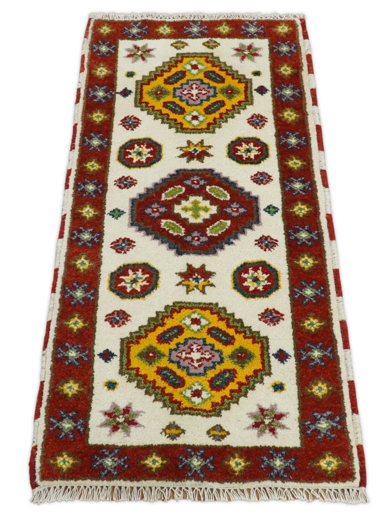 Runner 2x4 Ivory and Red Wool Hand Knotted traditional Persian Vintage Antique Southwestern Kazak | TRDCP29524