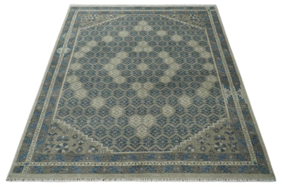 8x9.9 Gray, Ivory and Beige Honeycomb Traditional Hand Knotted Wool Area Rug