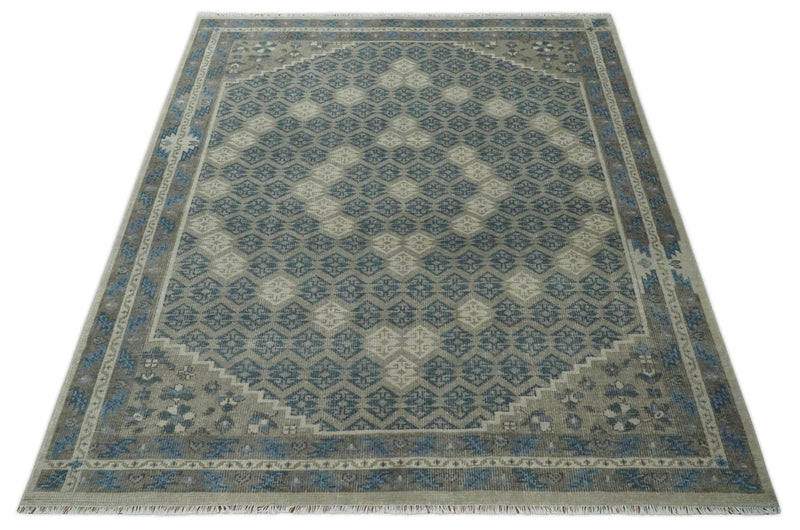 8x9.9 Gray, Ivory and Beige Honeycomb Traditional Hand Knotted Wool Area Rug
