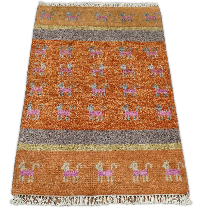 Small 2x3 Rust Gray Wool Hand Knotted traditional Persian Vintage Antique Southwestern Gabbeh | TRDCP36423