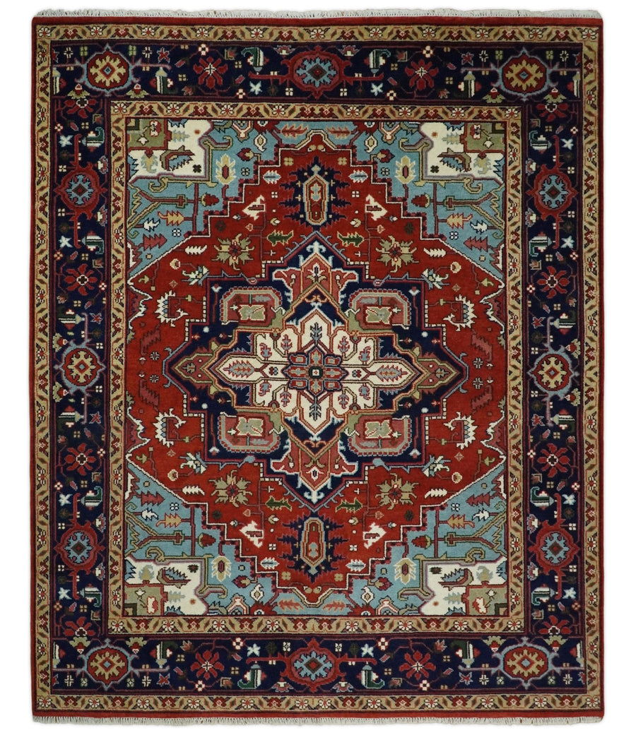 3x5, 4x6, 5x8, 6x9, 8x10 and 9x12 Rust and Blue Hand Knotted Traditional Persian Heriz Serapi Rug - The Rug Decor