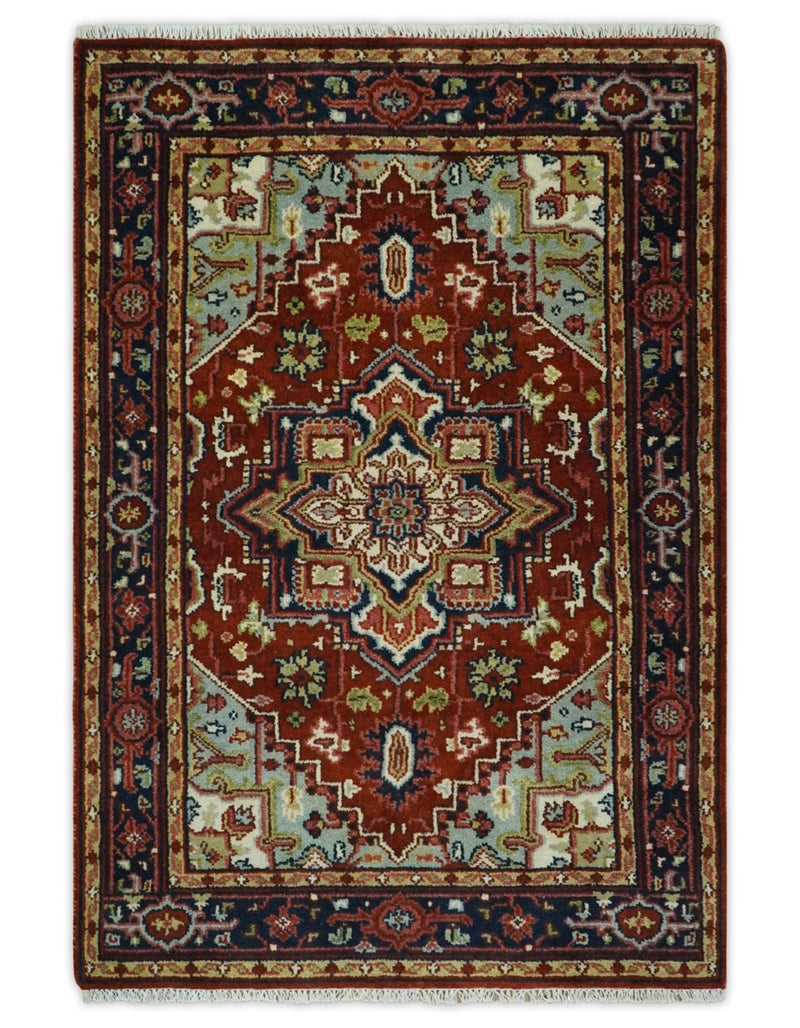 3x5, 4x6, 5x8, 6x9, 8x10 and 9x12 Rust and Blue Hand Knotted Traditional Persian Heriz Serapi Rug - The Rug Decor