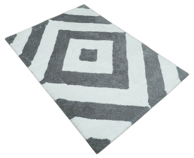 3x5, 4x6 and 5x7 Hand Woven Shag Ivory and Gray Geometrical Pattern Art Silk Soft Viscose Area Rug - The Rug Decor