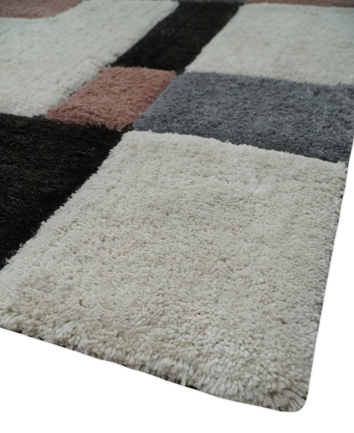 3x5, 4x6 and 5x7 Hand Woven Shag Ivory. Charcoal and Peach Art Silk Soft Viscose Area Rug - The Rug Decor