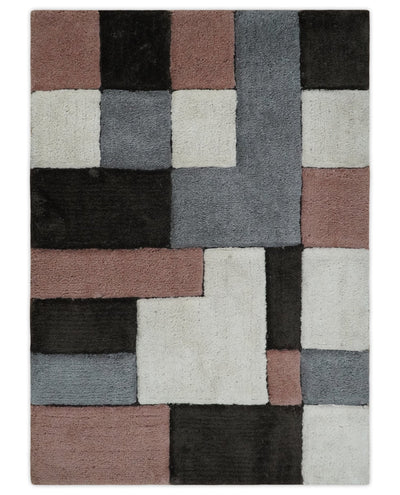 3x5, 4x6 and 5x7 Hand Woven Shag Ivory. Charcoal and Peach Art Silk Soft Viscose Area Rug - The Rug Decor