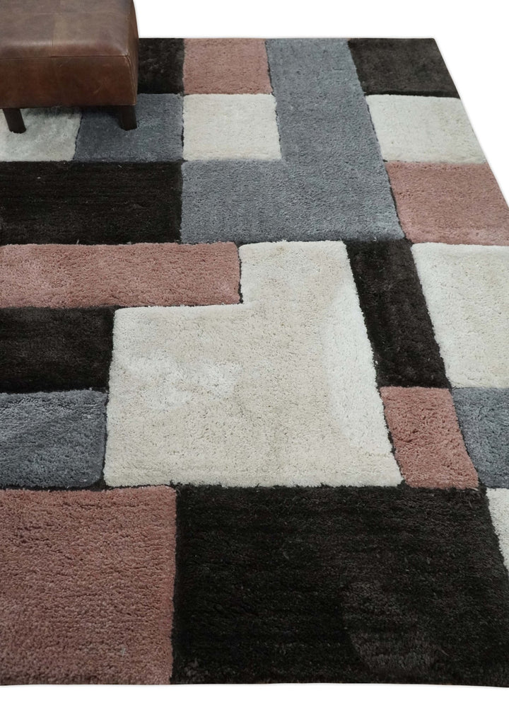 3x5, 4x6 and 5x7 Hand Woven Shag Ivory. Charcoal and Peach Art Silk Soft Viscose Area Rug - The Rug Decor