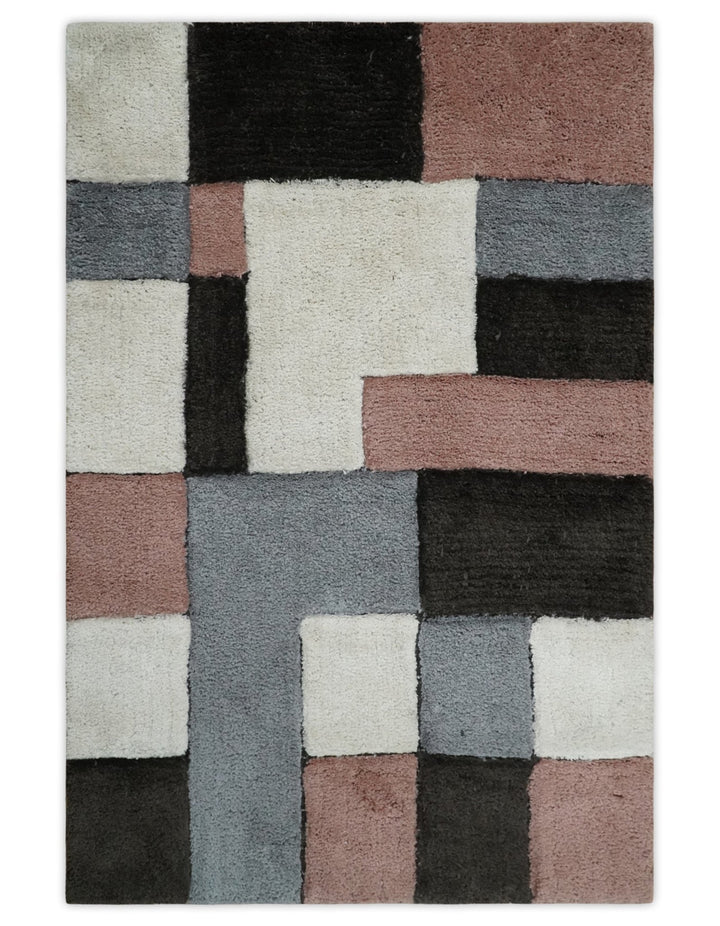 3x5, 4x6 and 5x7 Hand Woven Shag Ivory. Charcoal and Peach Art Silk Soft Viscose Area Rug - The Rug Decor