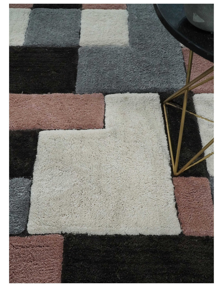 3x5, 4x6 and 5x7 Hand Woven Shag Ivory. Charcoal and Peach Art Silk Soft Viscose Area Rug - The Rug Decor