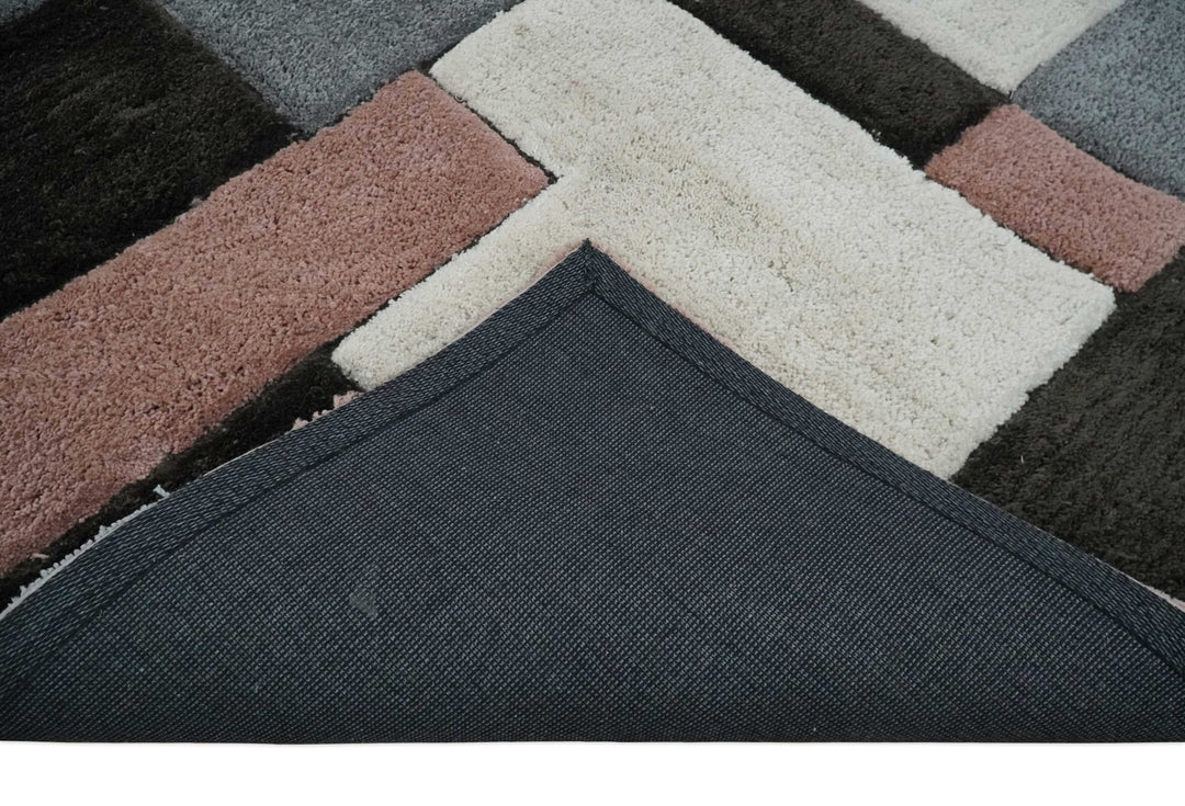 3x5, 4x6 and 5x7 Hand Woven Shag Ivory. Charcoal and Peach Art Silk Soft Viscose Area Rug - The Rug Decor