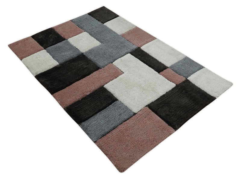 3x5, 4x6 and 5x7 Hand Woven Shag Ivory. Charcoal and Peach Art Silk Soft Viscose Area Rug - The Rug Decor