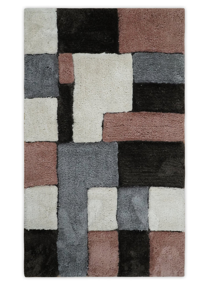 3x5, 4x6 and 5x7 Hand Woven Shag Ivory. Charcoal and Peach Art Silk Soft Viscose Area Rug - The Rug Decor