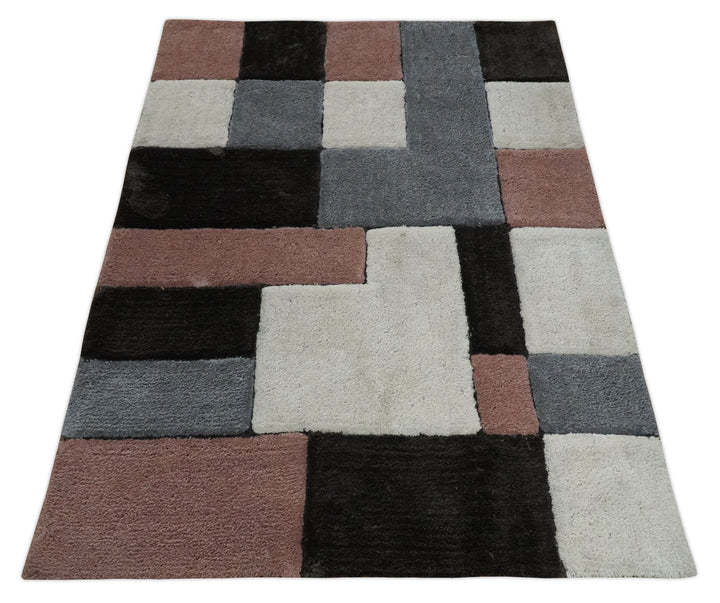 3x5, 4x6 and 5x7 Hand Woven Shag Ivory. Charcoal and Peach Art Silk Soft Viscose Area Rug - The Rug Decor