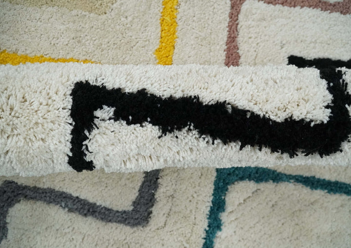 3x5, 4x6 and 5x7 Hand Woven Shag Ivory with multicolor Stripes Art Silk Soft Viscose Area Rug - The Rug Decor