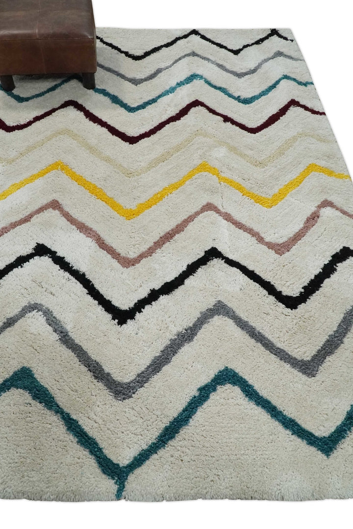 3x5, 4x6 and 5x7 Hand Woven Shag Ivory with multicolor Stripes Art Silk Soft Viscose Area Rug - The Rug Decor