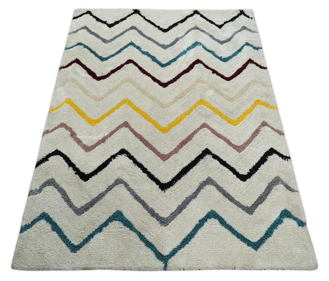 3x5, 4x6 and 5x7 Hand Woven Shag Ivory with multicolor Stripes Art Silk Soft Viscose Area Rug - The Rug Decor