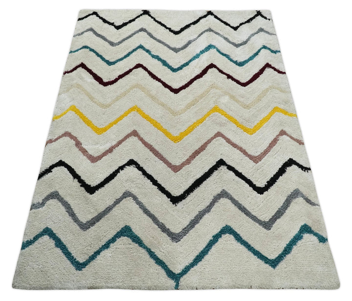 3x5, 4x6 and 5x7 Hand Woven Shag Ivory with multicolor Stripes Art Silk Soft Viscose Area Rug - The Rug Decor