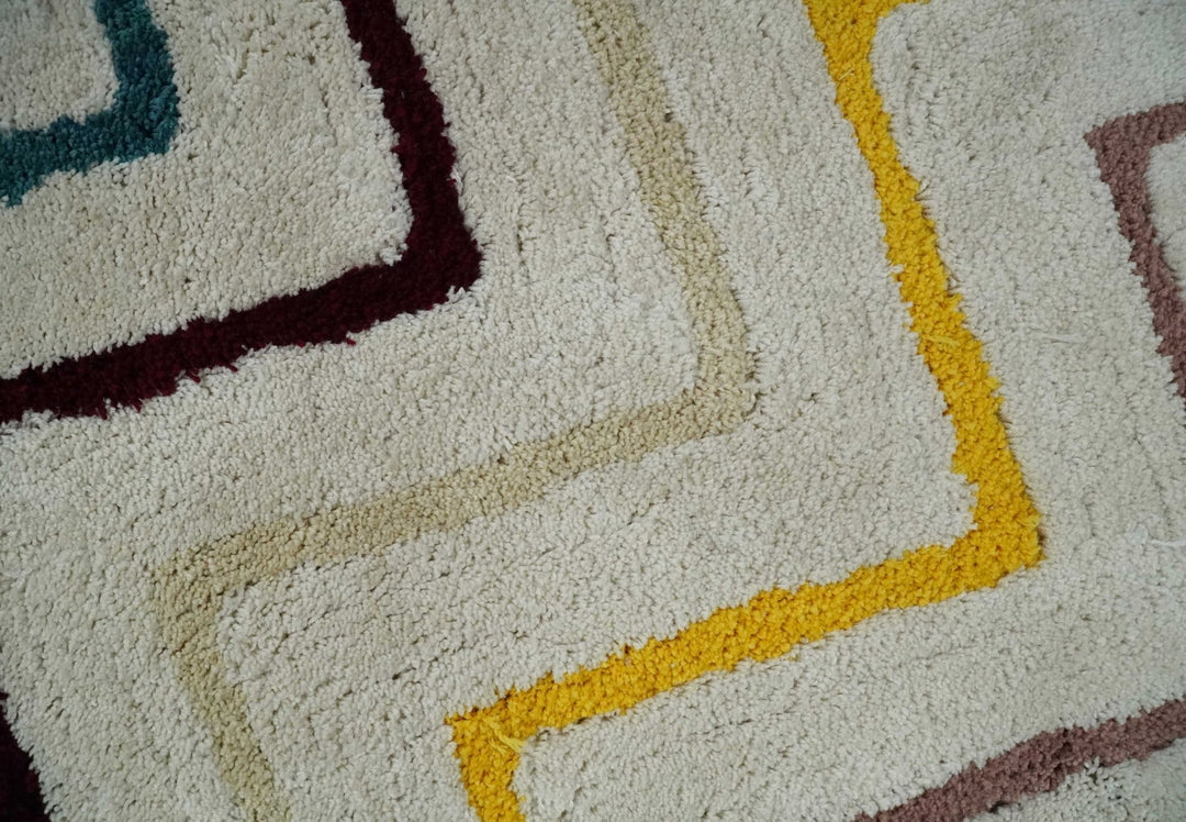 3x5, 4x6 and 5x7 Hand Woven Shag Ivory with multicolor Stripes Art Silk Soft Viscose Area Rug - The Rug Decor