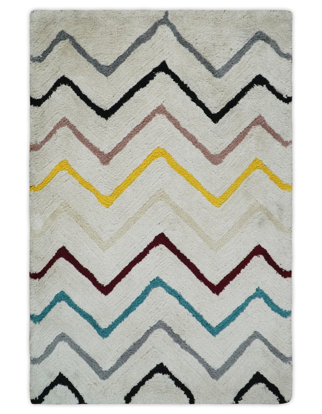 3x5, 4x6 and 5x7 Hand Woven Shag Ivory with multicolor Stripes Art Silk Soft Viscose Area Rug - The Rug Decor