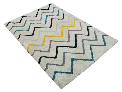 3x5, 4x6 and 5x7 Hand Woven Shag Ivory with multicolor Stripes Art Silk Soft Viscose Area Rug - The Rug Decor
