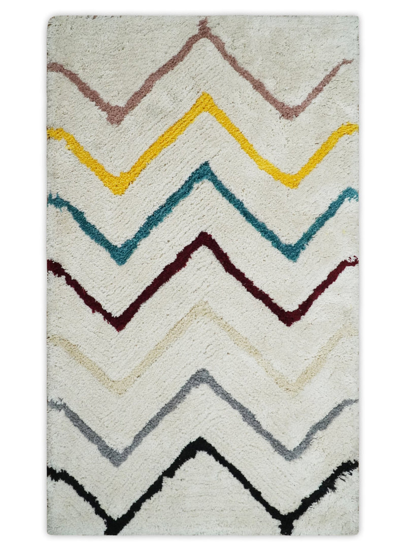 3x5, 4x6 and 5x7 Hand Woven Shag Ivory with multicolor Stripes Art Silk Soft Viscose Area Rug - The Rug Decor