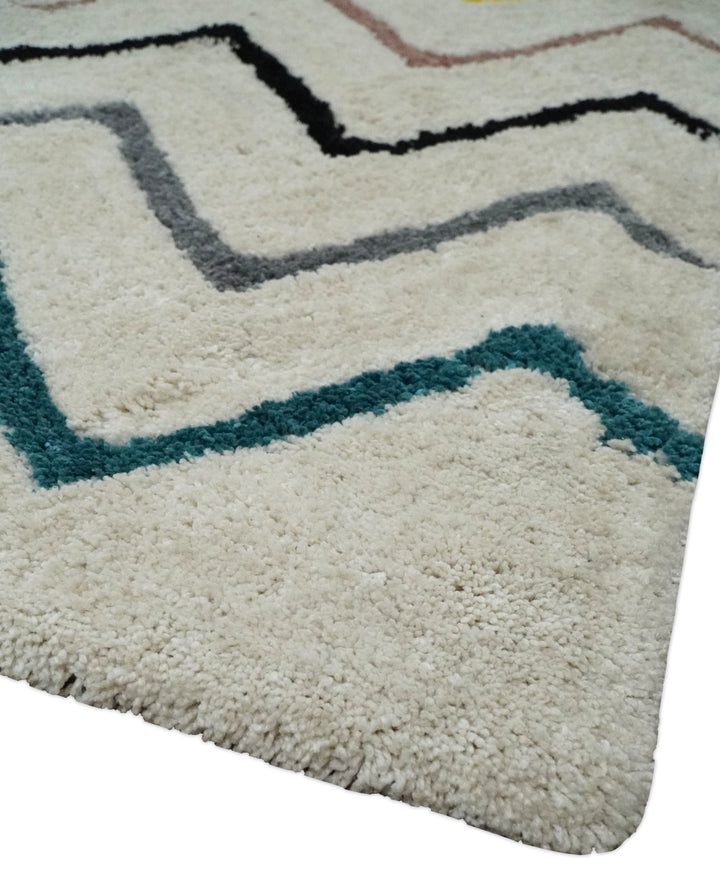 3x5, 4x6 and 5x7 Hand Woven Shag Ivory with multicolor Stripes Art Silk Soft Viscose Area Rug - The Rug Decor
