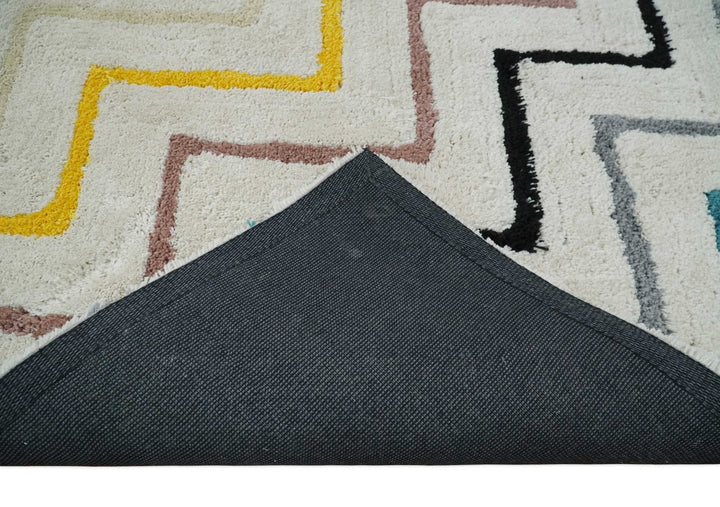 3x5, 4x6 and 5x7 Hand Woven Shag Ivory with multicolor Stripes Art Silk Soft Viscose Area Rug - The Rug Decor
