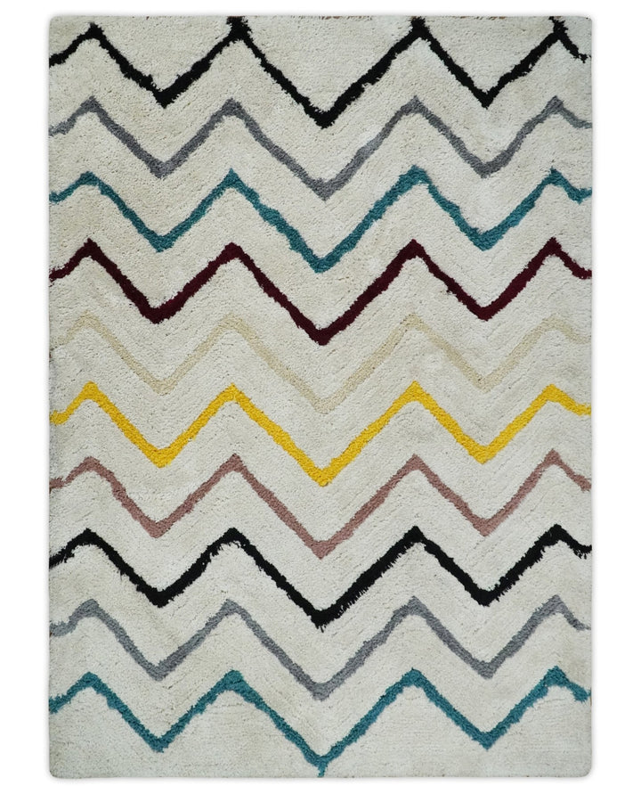 3x5, 4x6 and 5x7 Hand Woven Shag Ivory with multicolor Stripes Art Silk Soft Viscose Area Rug - The Rug Decor