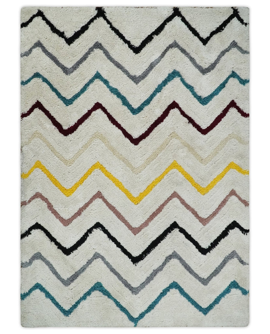 3x5, 4x6 and 5x7 Hand Woven Shag Ivory with multicolor Stripes Art Silk Soft Viscose Area Rug - The Rug Decor