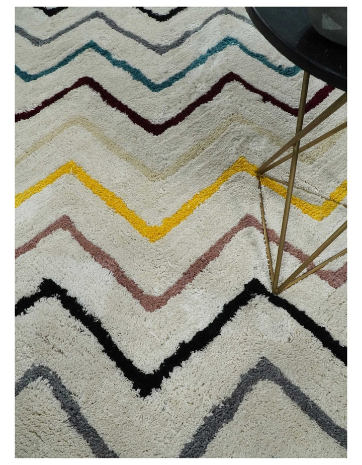 3x5, 4x6 and 5x7 Hand Woven Shag Ivory with multicolor Stripes Art Silk Soft Viscose Area Rug - The Rug Decor
