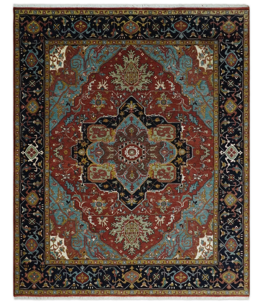 3x5, 5x8, 6x9, 9x12 and 8x10 Hand Knotted Rust, Blue and Black Traditional Vintage Heriz Serapi Antique Wool Rug | TRDCP986810 - The Rug Decor